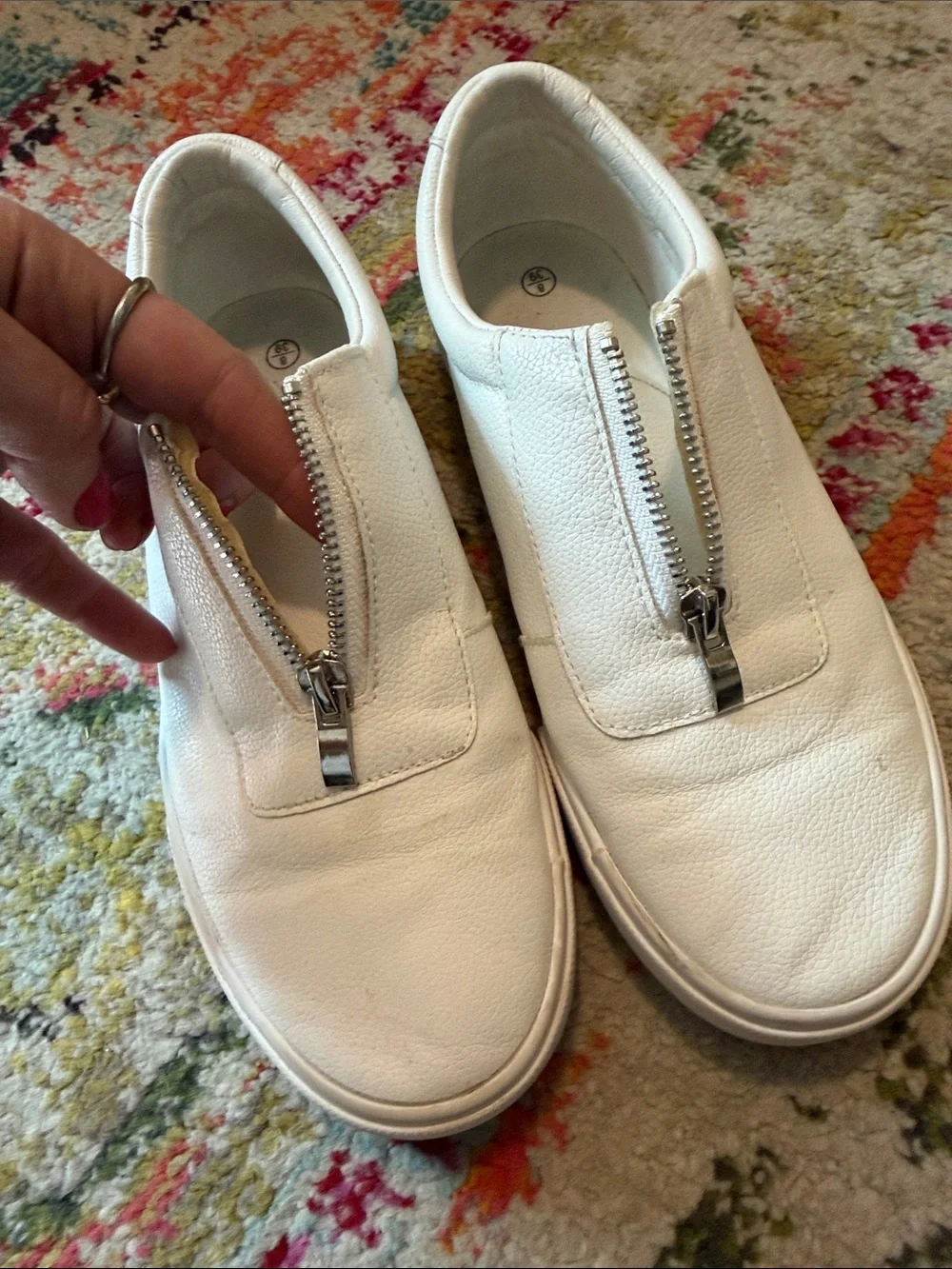 White Zip Front Slip-On Leather Sneakers – Women’s Size 8